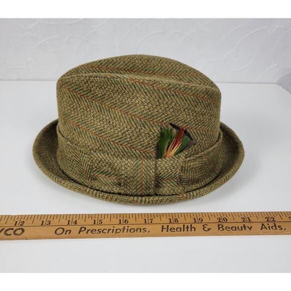 Vintage Richman Bros Fedora Trilby Hat Mens 7-7 1/8 Green Plaid Feathers Box - Picture 15 of 16
